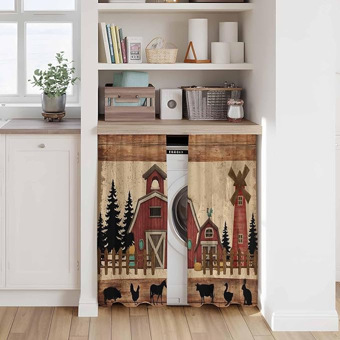Brown Farmhouse Kitchen Curtains, Vintage Country Animals Wooden Grain Light Filtering Window Curtain Panels, 2Pcs Rod Pocket Window Treatments Set for RV Dining Room Study Room 42x54 Inches