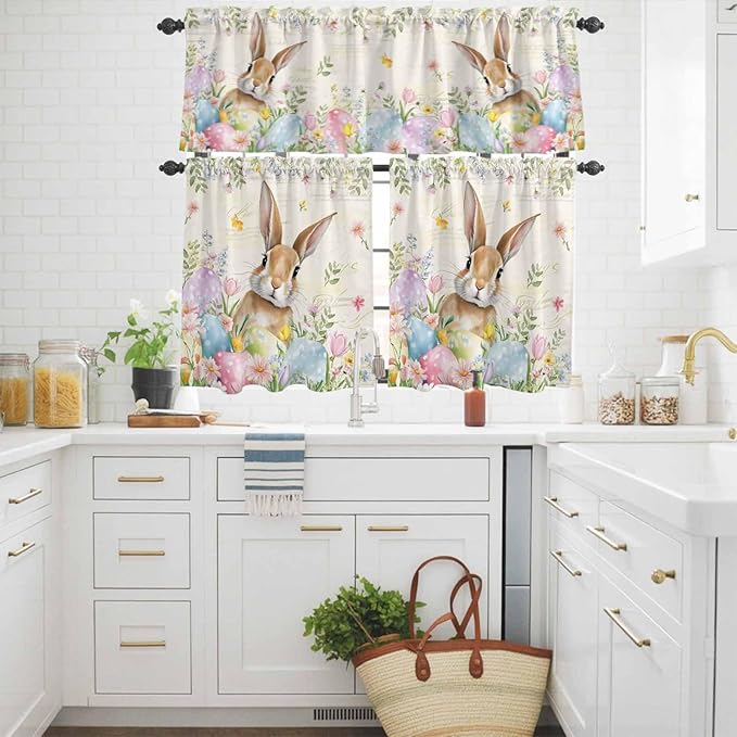 Kitchen Curtains Tiers and Valance Set of 3, Easter Light Filtering Window Curtain Set, Pastoral Spring Bunny Eggs Botanical Flowers Leaf Rod Pocket Curtain Drapes for Living Room, 24 Inches Tiers