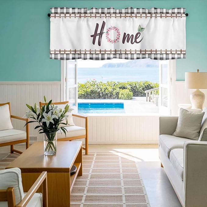 Spring Flowers Curtain Valances for Windows, Kitchen Valance Window Treatment, Watercolor Floral Leaf Black Plaid Light Filtering Block Curtains for Bathroom/Bedroom/Living Room 54'' x 18''