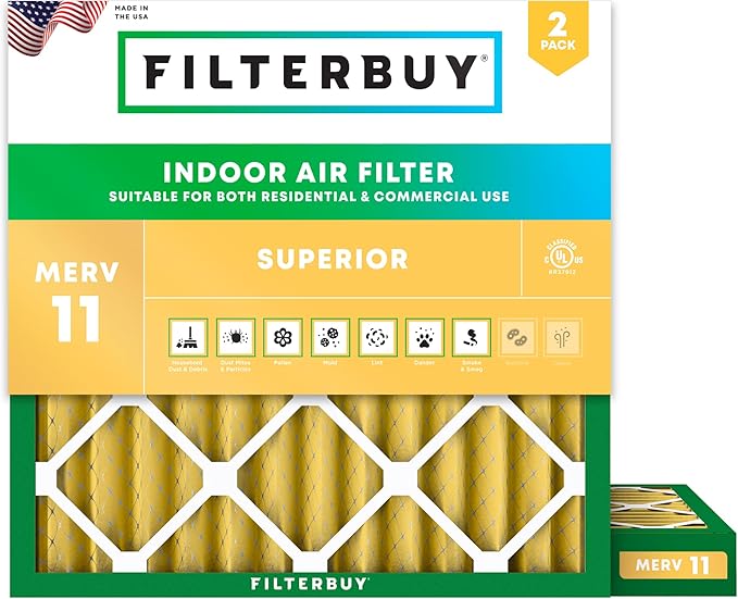Filterbuy 10x10x2 Air Filter MERV 11 Superior Pet & Allergy Defense (2-Pack), Electrostatic Pleated HVAC AC Furnace Filters Replacement, Made in USA (Actual Size: 9.50 x 9.50 x 1.75)