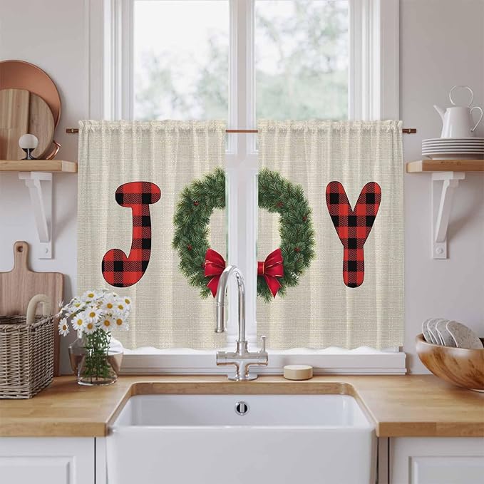 Red Green Christmas Kitchen Curtains 45 Inch Long 2 Panel Set, Rod Pocket Window Treatment, Farmhouse Xmas Botanical Winter Light Filtering Short Curtains & Drapes for Bathroom Laundry 52"W x 45"L
