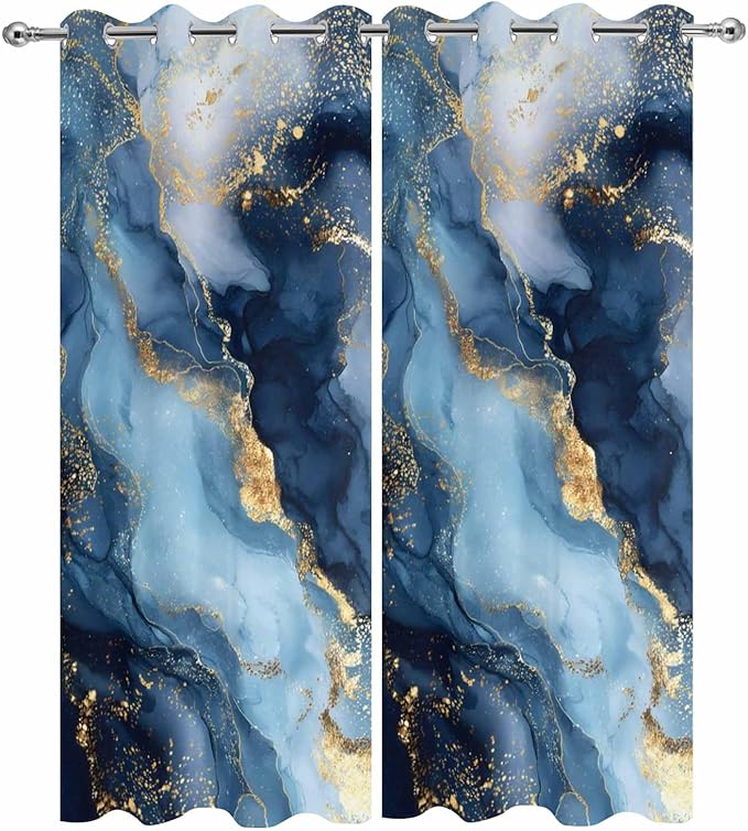 Marble Texture Outdoor Curtains for Patio Abstract Gradient Blue Golden Gorgeous Waterproof Outside Curtains with Grommet Top Weatherproof Curtain for Cabana Pergola Gazebo, 2 Pack, 54" W x 108" L