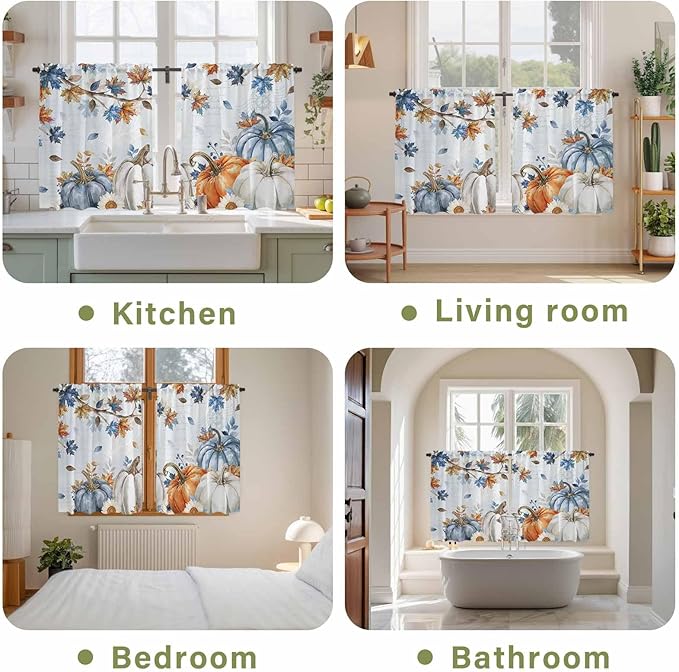 Fall Blue Maple Kitchen Tier Curtains 45 Inch Long 2 Panel Set,Rod Pocket Short Window Treatment,Thanksgiving Pumpkins Daisy Country Leaves Curtains & Drapes for Bathroom Basement 27.5"W x 45"L