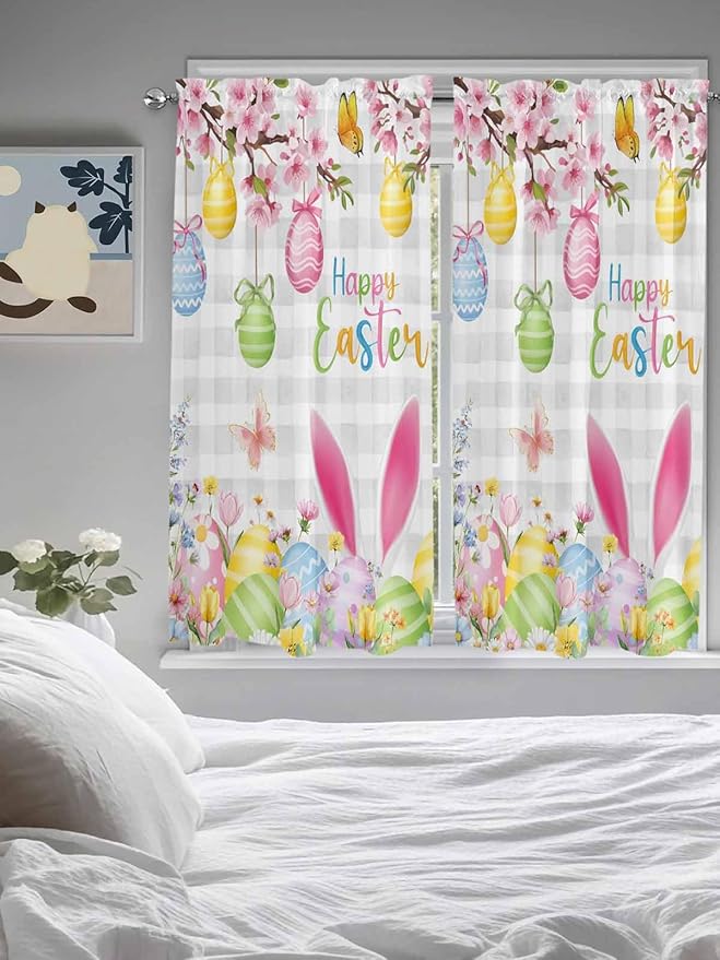 Happy Easter Living Room Curtains 72 Inches length, Spring Watercolor Bunny Eggs Flower Grey Plaid Window Treatment Curtain Drapes, Light Filtering Drapes for Bedroom Laundry Room, 52"x72", 2 Panels