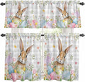 Kitchen Curtains Tiers and Valance Set of 3, Easter Light Filtering Window Curtain Set, Spring Rabbit Eggs Blooms Flowers Leaf Grey Plaid Rod Pocket Curtain Drapes for Living Room, 24 Inches Tiers