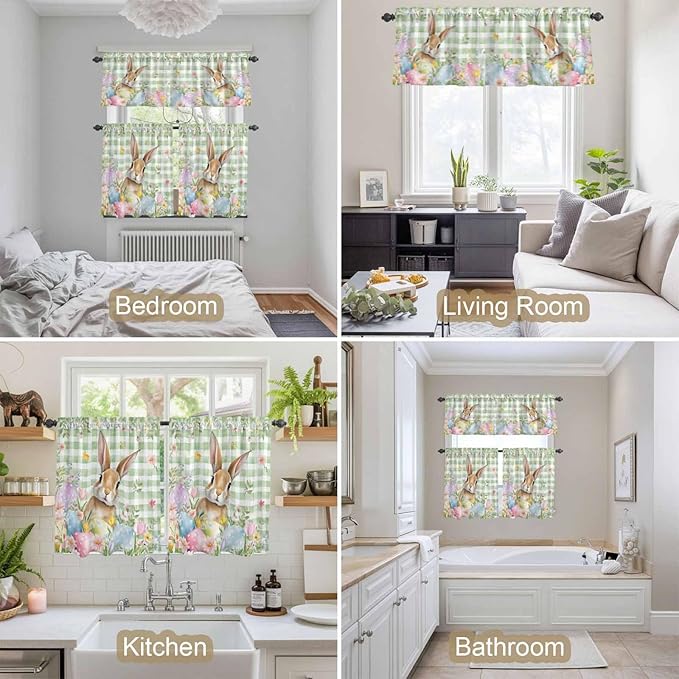Kitchen Curtains Tiers and Valance Set of 3, Easter Light Filtering Window Curtain Set, Spring Bunny Colorful Eggs Floral Leaves Grey Plaid Rod Pocket Curtain Drapes for Living Room, 24 Inches Tiers