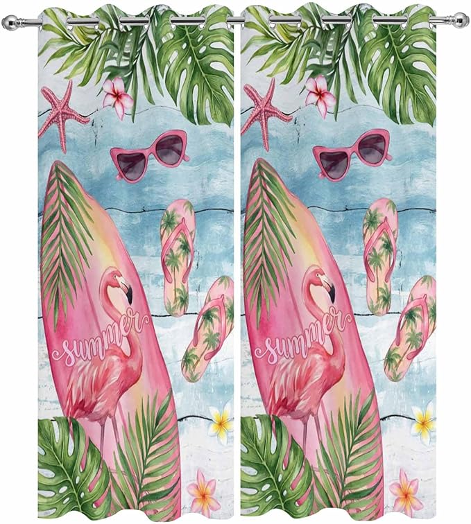 Summer Flamingbirds Outdoor Curtains for Patio Palm Leaves Plumeria Wood Waterproof Outside Curtains with Grommet Top Weatherproof Curtain for Cabana Pergola Gazebo, 2 Pack, 54" W x 84" L