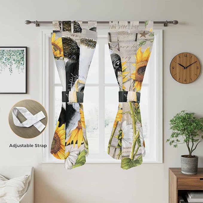 Yellow Sunflowers Living Room Curtains 84 Inch Length, Window Curtains Tab Top, Farmhouse Cow Barn Doors Floral Butterfly Light Filtering Window Treatments Drapes 42"x84" 2 Panel