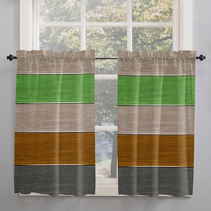 Farm Gray Green Brown Wood Grain Window Valance Curtains, Rustic Wooden Plank Light Filtering Kitchen Valance with 3-inch Rod Pocket for Living Room Bathroom Bedroom,2 Panel,27.5x45In