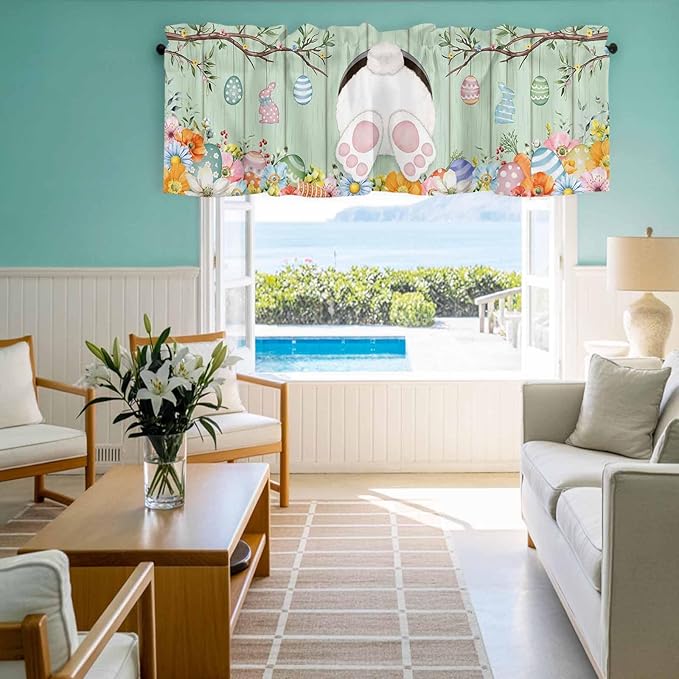 Easter Curtain Valances for Windows, Kitchen Valance Window Treatment, Spring Watercolor Bunny Eggs Wooden Grain Green Light Filtering Block Curtains for Bathroom/Bedroom/Living Room 60'' x 18''