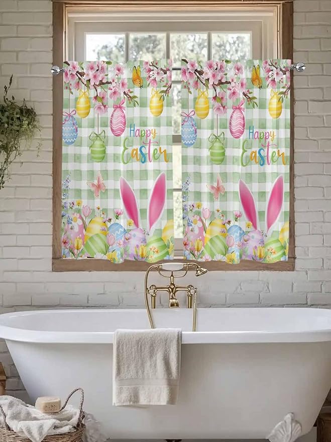 Happy Easter Kitchen Curtains 54 Inches Length, Spring Bunny Eggs Flower Sage Green Plaid Window Treatment Curtain Drapes, Decorative Window Curtains for Bedroom Cafe, 52"x54", 2 Panels