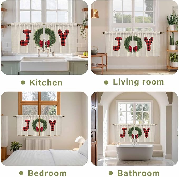 Red Green Christmas Kitchen Tier Curtains 24 Inch Long 2 Panel Set,Rod Pocket Cafe Small Window Curtains Over Sink,Farmhouse Xmas Botanical Winter Short Drapes for Bathroom Cabinet 27.5"W x 24"L