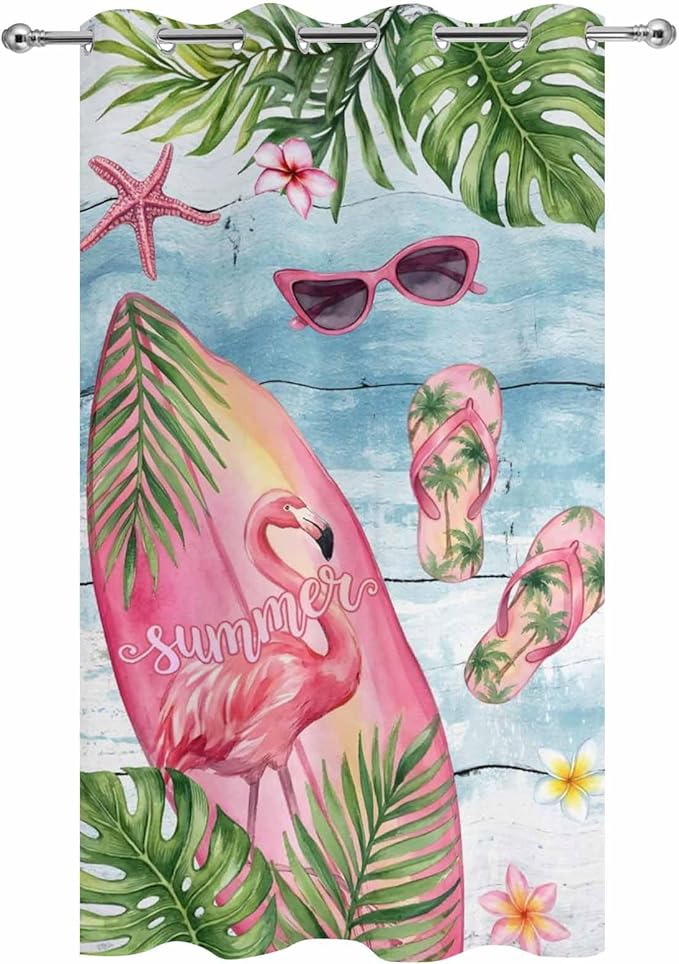 Summer Flamingbirds Outdoor Curtains for Patio Palm Leaves Plumeria Wood Waterproof Outside Curtains with Grommet Top Weatherproof Curtain for Cabana Pergola Gazebo, 1 Panel, 54" W x 84" L