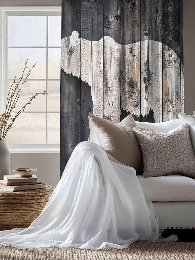 Sheer Curtains 63 Inch Length, White Brown Bear Semi Sheer Curtains Light Filtering Window Treatment, Farmhouse Country Vintage Wood Grain Privacy Voile Drapes for Living Room Bedroom 52x63 Inch