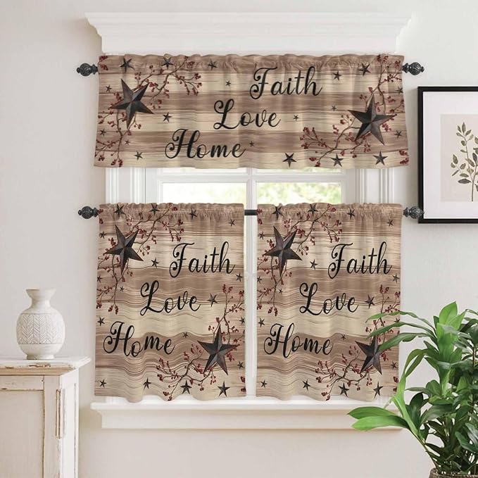 Kitchen Curtains Tiers and Valance Set of 3, Farmhouse Star Brown Light Filtering Window Curtain Set, Retro Branches Berry Wooden Grain Rod Pocket Curtain Drapes for Cafe, Living Room, 24 Inches Tiers