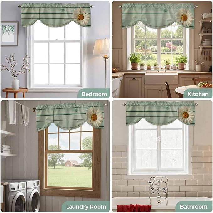 Daisy Flower Tie Up Valance Curtains for Windows, Kitchen Curtains Window Shades, Modern Art Floral Farmhouse Teal Wooden Grain Light Filtering Roman Curtain Valances for Bedroom/Bathroom/Cafe 60"x18"