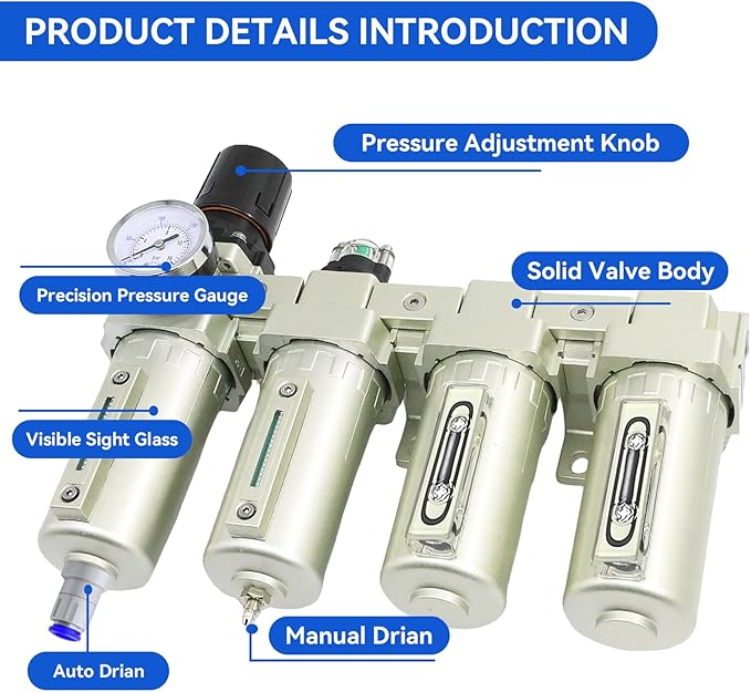 3/4" NPT Industrial Grade 4 Stage Air-Dryer-for-Compressor, Air-Compressor-Water-Separator-System for Plasma Cutter and Paint Spray, 2Filter&2Dryer system,Auto Drain