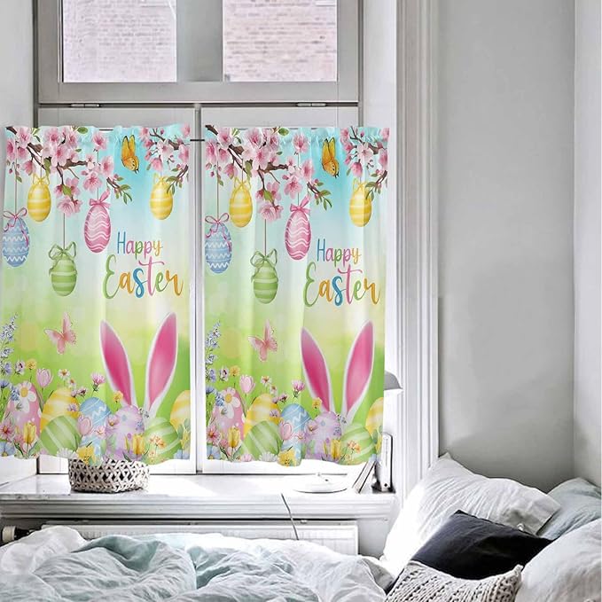 Easter Kitchen Curtains 54 Inches length, Spring Bunny Colorful Rabbit Eggs Butterfly Blue Green Window Treatment Curtain Drapes, Thermal Insulated Drapes for Basement Hotel RV, 42"x54", 2 Panels