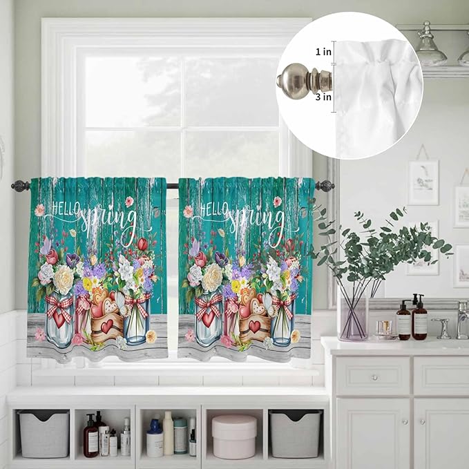 Kitchen Curtains Tiers and Valance Set of 3, Spring Flowers Light Filtering Window Curtain Set, Farmhouse Watercolor Teal Wood Grain Rod Pocket Curtain Drapes for Cafe, Living Room, 36 Inches Tiers