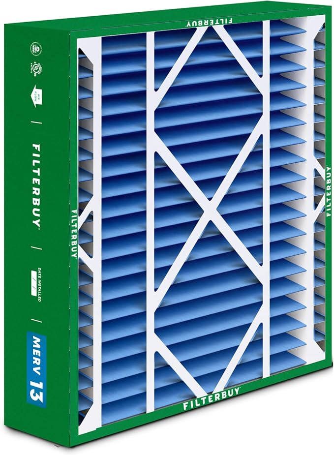 Filterbuy 24x25x5 Air Filter MERV 13 Optimal Smoke & Allergy Defense (2-Pack), Electrostatic Pleated HVAC AC Furnace Filters for Carrier FILXXCAR0024, Maytag & More (Actual Size: 23.63 x 24.69 x 4.25)