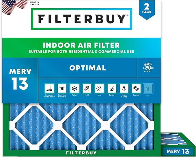 Filterbuy 23.5x23.5x1 Air Filter MERV 13 Optimal Smoke & Allergy Defense (2-Pack), Electrostatic Pleated HVAC AC Furnace Filters Replacement, Made in USA (Actual Size: 23.38 x 23.38 x 0.75)