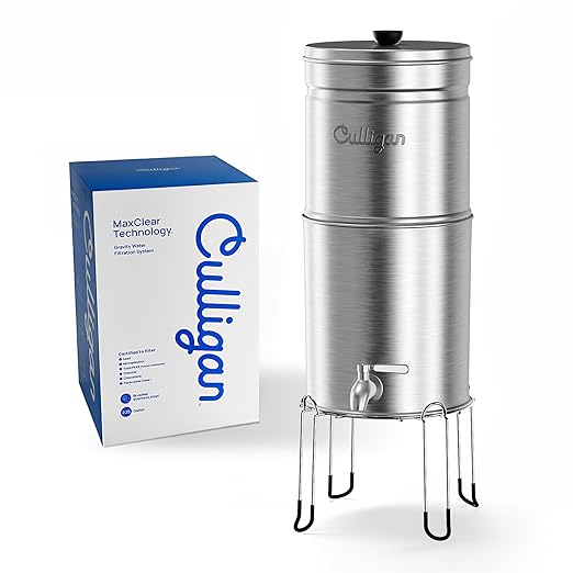 Culligan MaxClear 3 Gallon Gravity Water Filter System, Brushed Stainless-Steel Countertop Water Filter NSF/ANSI Certified to Reduce Microplastics, Lead & Total PFAS, with 2 Ceramic Filters