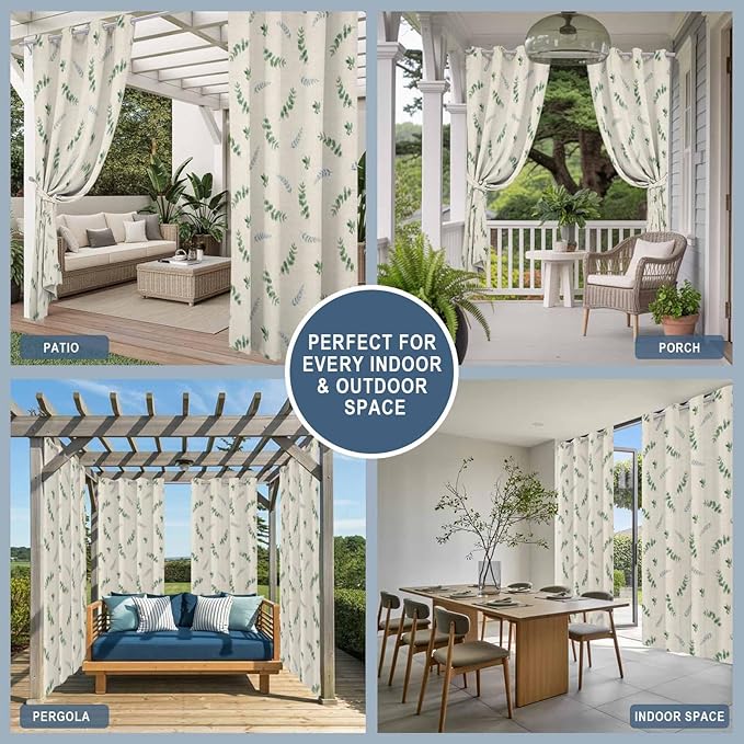 Leaf Outdoor Curtains for Patio Summer Jugal Leaves Pastoral Plant Linen Waterproof Outside Curtains with Grommet Top Weatherproof Curtain for Cabana Pergola Gazebo, 2 Pack, 54" W x 95" L