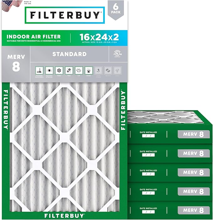 Filterbuy 16x24x2 Air Filter MERV 8 Essential Dust & Allergy Defense (6-Pack), Electrostatic Pleated HVAC AC Furnace Filters Replacement, Made in USA (Actual Size: 15.38 x 23.38 x 1.75)