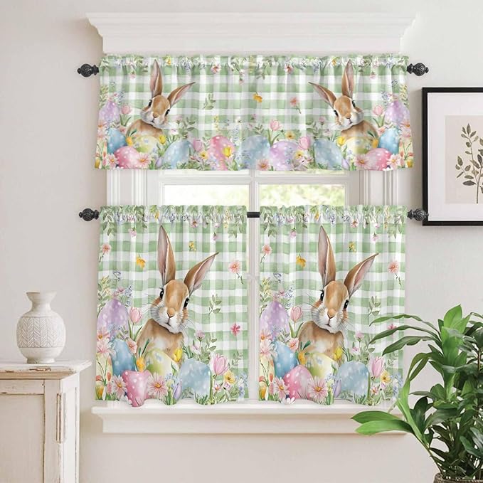 Kitchen Curtains Tiers and Valance Set of 3, Easter Light Filtering Window Curtain Set, Spring Bunny Colorful Eggs Floral Leaves Grey Plaid Rod Pocket Curtain Drapes for Living Room, 36 Inches Tiers
