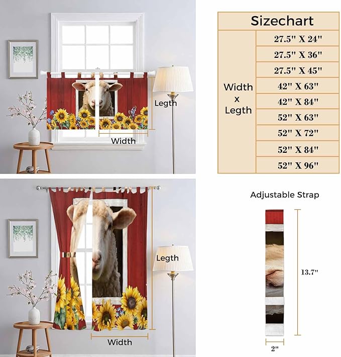 Sheep Sunflower Bedroom Curtains 63 Inch Length, Window Curtains Tab Top, Country Red Farm Barn Spring Flowers Light Filtering Window Treatments Drapes 42"x63" 2 Panel