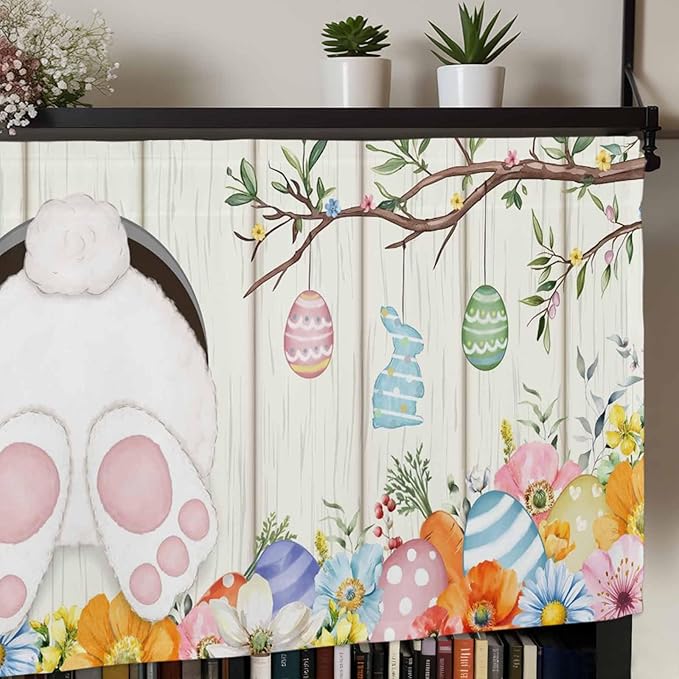 Easter Curtain Valances for Windows, Kitchen Valance Window Treatment, Spring Farmhouse Watercolor Bunny Eggs Wood Grain Light Filtering Block Curtains for Bathroom/Bedroom/Living Room 54'' x 18''