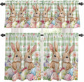 Easter Kitchen Curtains Set 3 Piece for Windows, Rod Pocket Valance and Tier Set 24 Inch Length, Spring Rabbit Eggs Flower Butterfly Green Plaid Light Filtering Cafe Curtains for Living Room Bathroom
