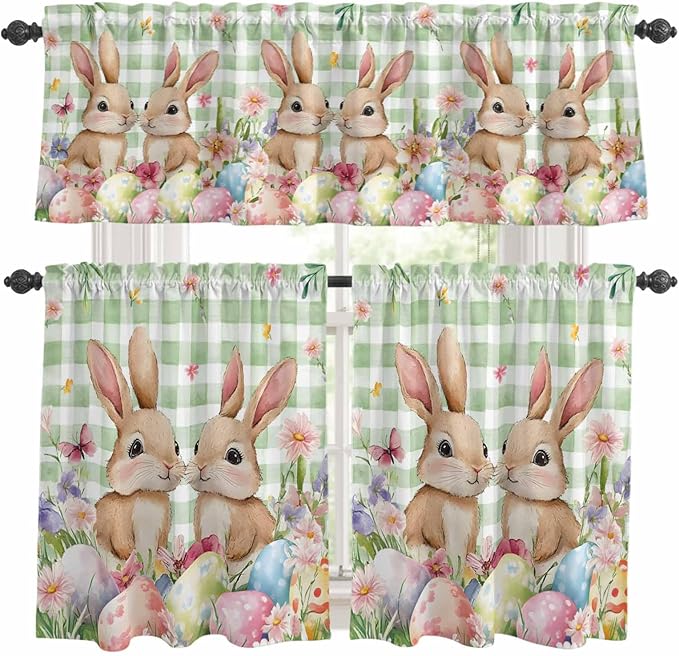 Easter Kitchen Curtains Set 3 Piece for Windows, Rod Pocket Valance and Tier Set 36 Inch Length, Spring Rabbit Eggs Flower Butterfly Green Plaid Light Filtering Cafe Curtains for Living Room Bathroom