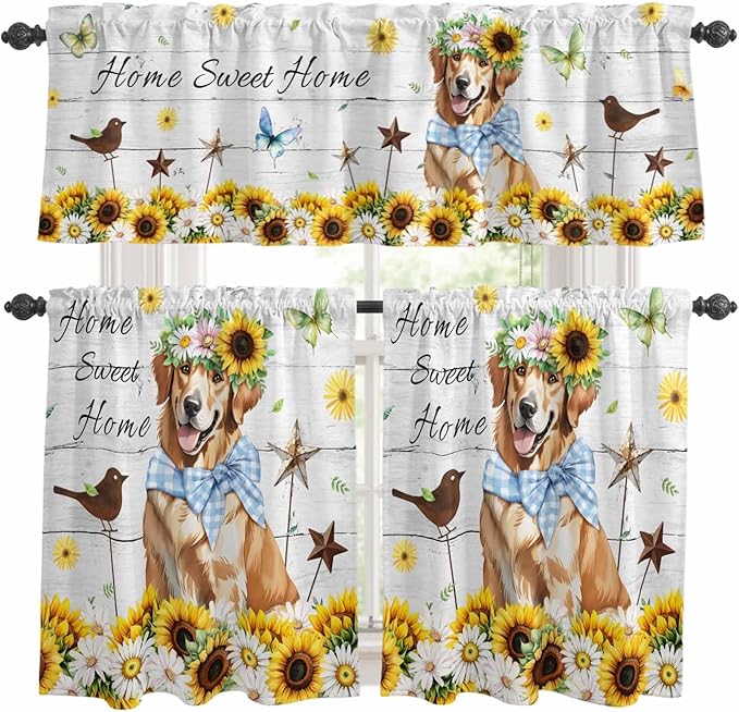 Kitchen Curtains Tiers and Valance Set of 3, Sunflowers Dog Light Filtering Window Curtain Set, Spring Watercolor Floral Stars Wood Grain Rod Pocket Curtain Drapes for Living Room, 24 Inches Tiers