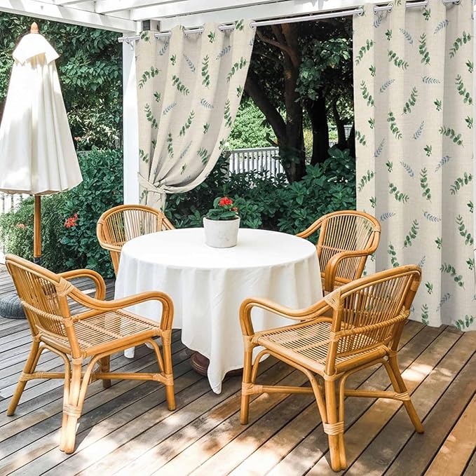 Leaf Outdoor Curtains for Patio Summer Jugal Leaves Pastoral Plant Linen Waterproof Outside Curtains with Grommet Top Weatherproof Curtain for Cabana Pergola Gazebo, 2 Pack, 54" W x 108" L