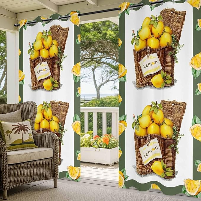 Lemon Outdoor Curtains for Patio Lemons in Baskets Summer Tropical Plants Green Waterproof Outside Curtains with Grommet Top Weatherproof Curtain for Cabana Pergola Gazebo, 1 Panel, 54" W x 108" L