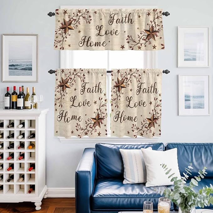 Kitchen Curtains Tiers and Valance Set of 3, Brown Farmhouse Light Filtering Window Curtain Set, Retro Country Stars Rustic Branches Berry Rod Pocket Curtain Drapes for Living Room, 36 Inches Tiers