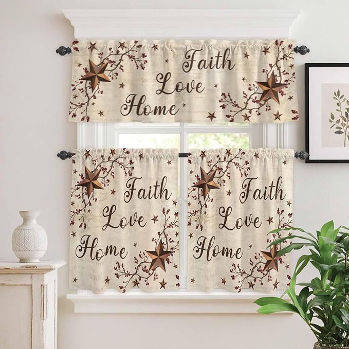 Kitchen Curtains Tiers and Valance Set of 3, Brown Farmhouse Light Filtering Window Curtain Set, Retro Country Stars Rustic Branches Berry Rod Pocket Curtain Drapes for Living Room, 36 Inches Tiers