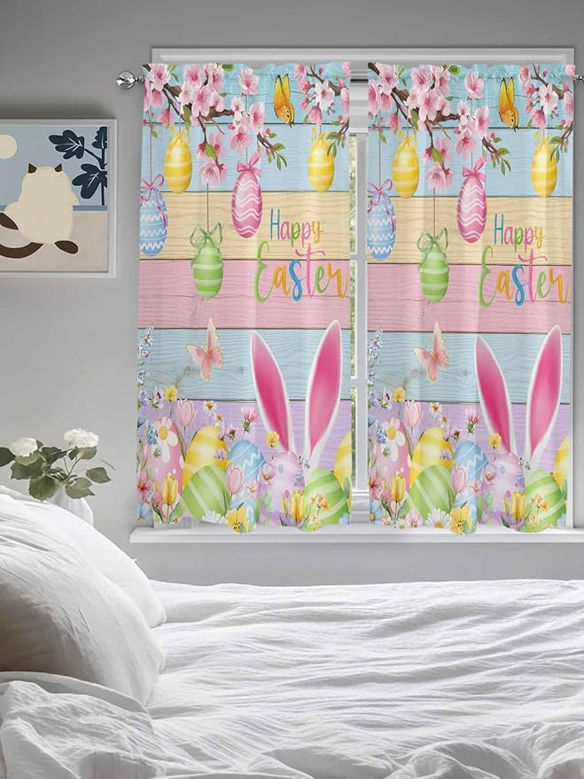 Colorful Easter Living Room Curtains 72 Inches length, Spring Watercolor Bunny Egg Flower Wood Grain Window Treatment Curtain Drapes, Light Filtering Drapes for Bedroom Laundry Room, 52"x72", 2 Panels