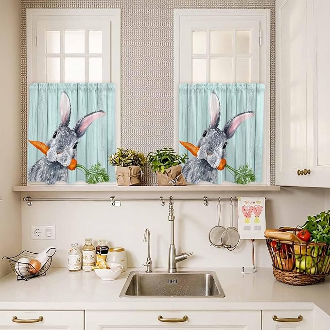 Easter Kitchen Curtain Set, Spring Rabbit Botanical Carrots Green Wooden Grain Window Valance and Tiers 24" Length, Light Filtering Short Curtains Valance for Cafe Bathroom Bedroom 54"x18"