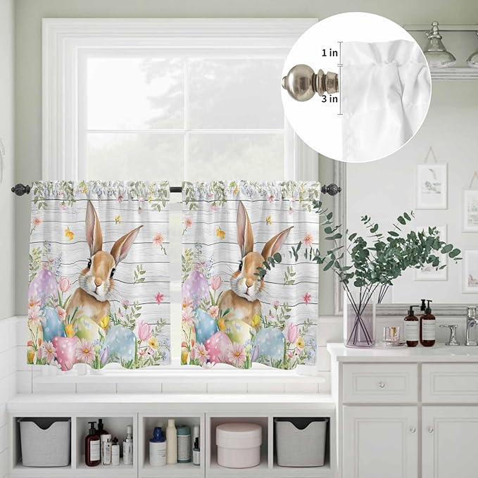 Kitchen Curtains Tiers and Valance Set of 3, Easter Light Filtering Window Curtain Set, Rustic Spring Bunny Eggs Botanical Grey Wooden Rod Pocket Curtain Drapes for Cafe, Living Room, 24 Inches Tiers