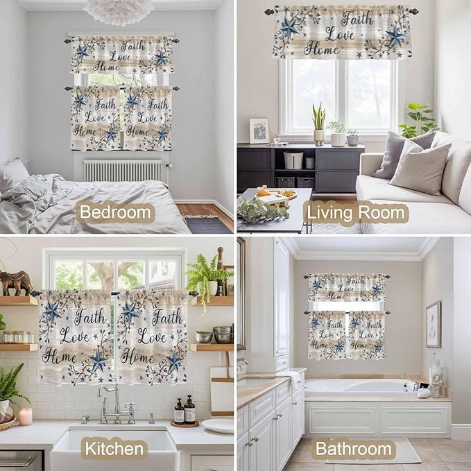 Kitchen Curtains Tiers and Valance Set of 3, Vintage Country Light Filtering Window Curtain Set, Blue Rustic Texas Star Vines Wooden Grain Rod Pocket Curtain Drapes for Living Room, 36 Inches Tiers