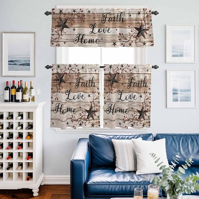 Kitchen Curtains Tiers and Valance Set of 3, Rustic Star Brown Light Filtering Window Curtain Set, Vintage Plants Berry Wooden Grain Rod Pocket Curtain Drapes for Cafe, Living Room, 24 Inches Tiers