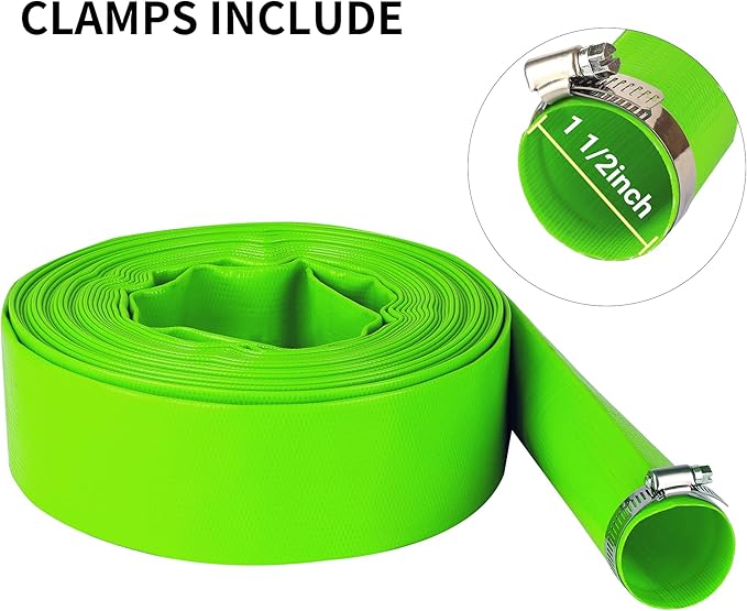 1-1/2" x 50 FT Pool Backwash Hose, Green Heavy Duty Reinforced PVC Lay Flat Water Discharge Hose for Swimming Pool Filter Pump,with 2 Clamp