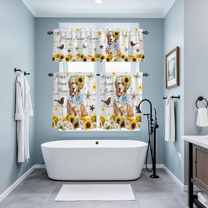 Kitchen Curtains Tiers and Valance Set of 3, Sunflowers Dog Light Filtering Window Curtain Set, Spring Watercolor Floral Stars Wood Grain Rod Pocket Curtain Drapes for Living Room, 36 Inches Tiers