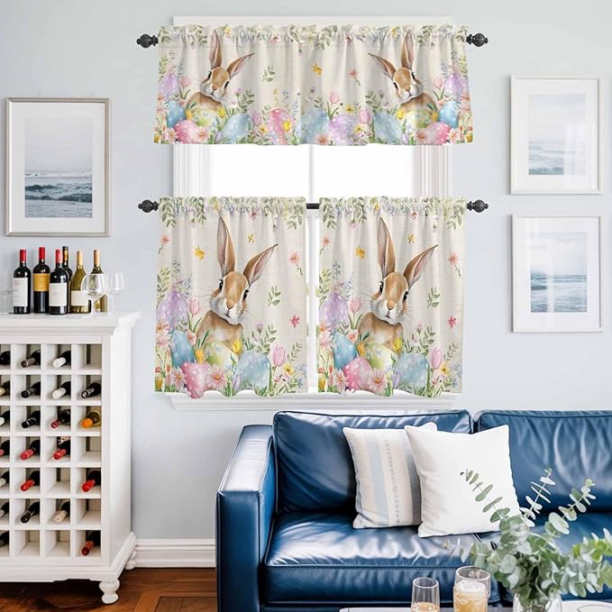 Kitchen Curtains Tiers and Valance Set of 3, Easter Light Filtering Window Curtain Set, Vintage Spring Bunny Eggs Farmhouse Floral Leaves Rod Pocket Curtain Drapes for Living Room, 36 Inches Tiers