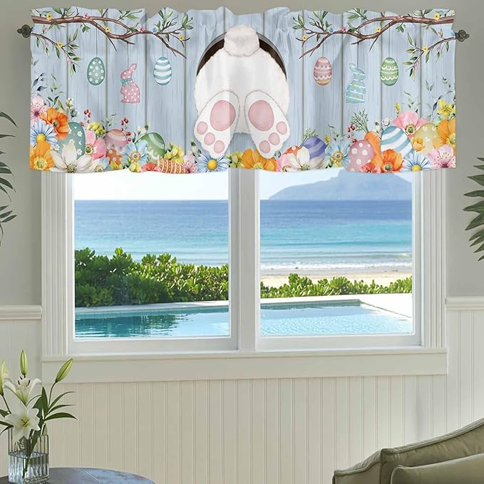 Easter Curtain Valances for Windows, Kitchen Valance Window Treatment, Spring Watercolor Bunny Eggs Flower Wood Grain Blue Light Filtering Block Curtains for Bathroom/Bedroom/Living Room 60'' x 18''