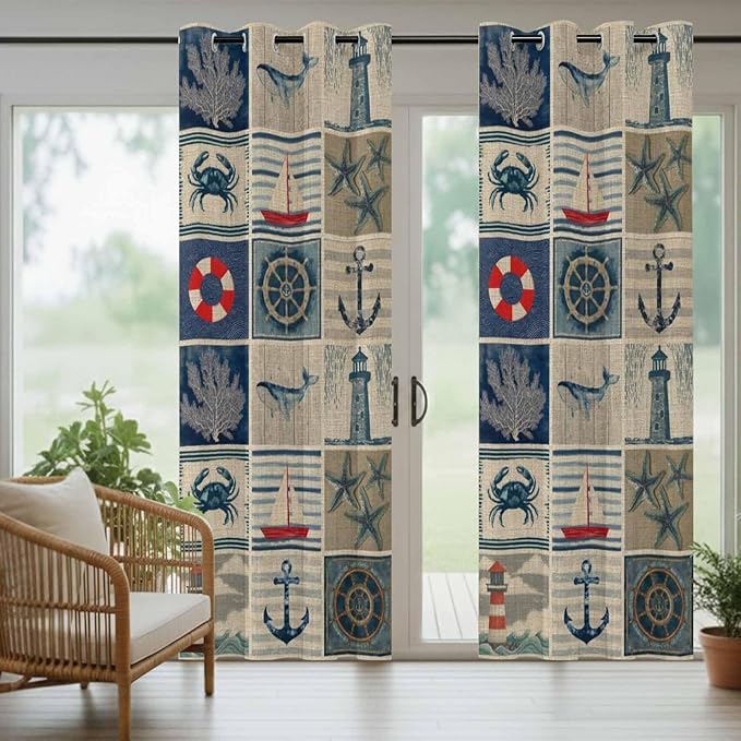 Oceans Outdoor Curtains for Patio Shell Starfish Whales Summer Vintage Waterproof Outside Curtains with Grommet Top Weatherproof Curtain for Cabana Pergola Gazebo, 2 Pack, 54" W x 108" L