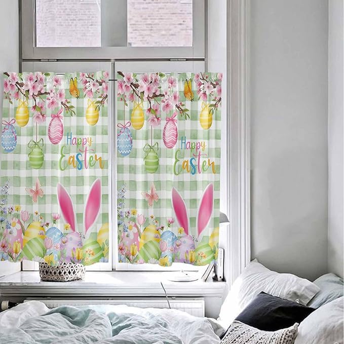 Happy Easter Tier Curtains 45 Inches Long, Spring Bunny Eggs Flower Sage Green Plaid Window Treatment Curtain Drapes, Small Curtain Drapes for Bathroom Laundry Room, 27.5"x45", 2 Panels