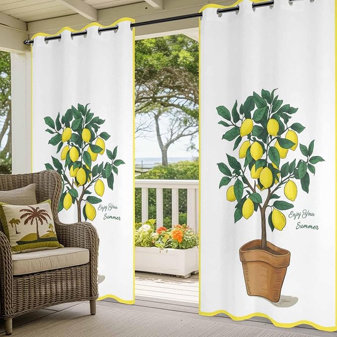 Lemons Outdoor Curtains for Patio Summer Fruit Lemon Tree Waterproof Outside Curtains with Grommet Top Weatherproof Curtain for Cabana Pergola Gazebo, 2 Pack, 54" W x 95" L